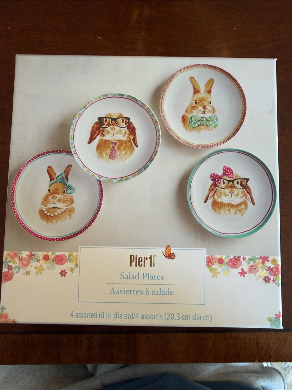 Pier 1 Bunny Salad Plates with Pink, Green and Teal Accents. New in box!